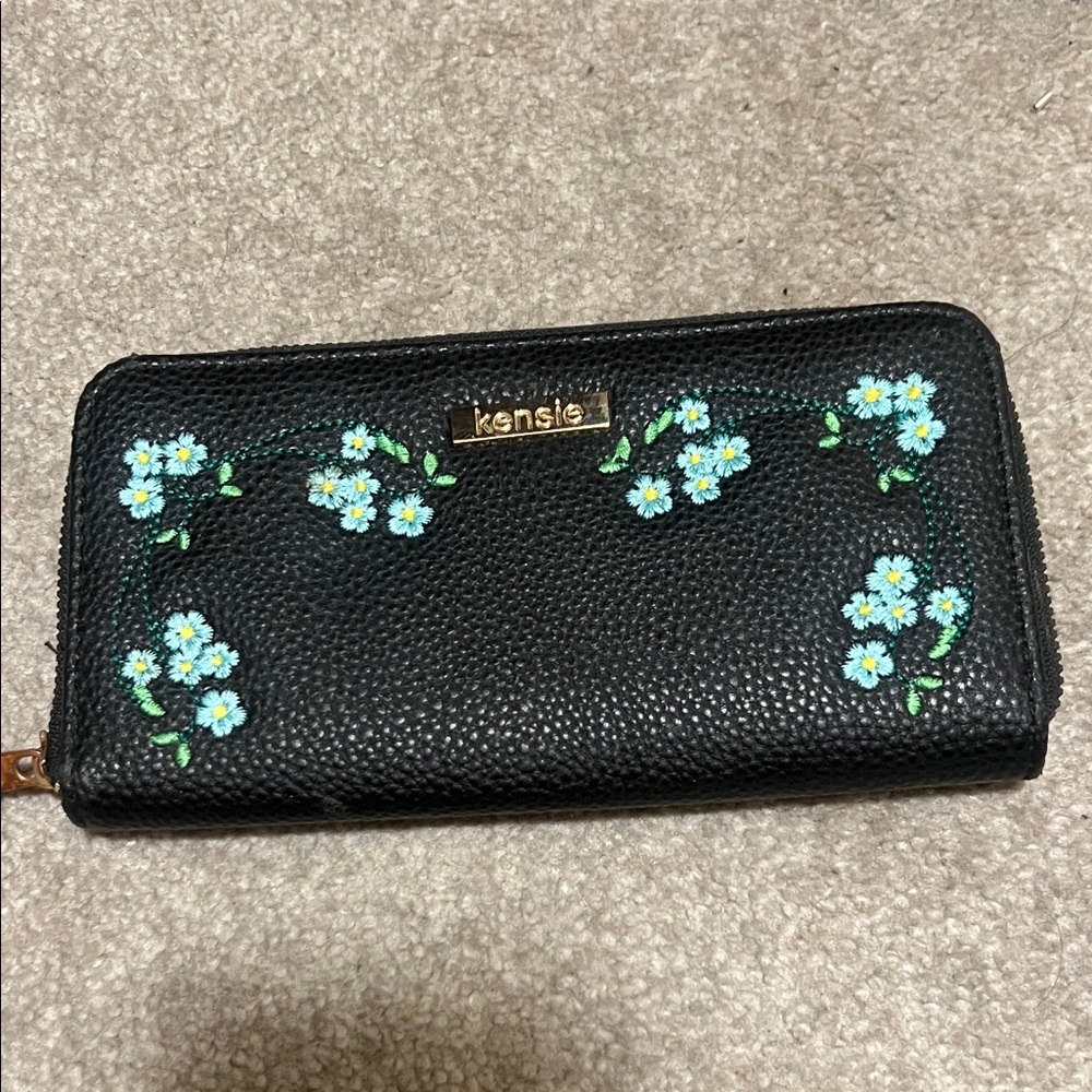 Kensie Black Wallet with Blue and Green Floral Accents
